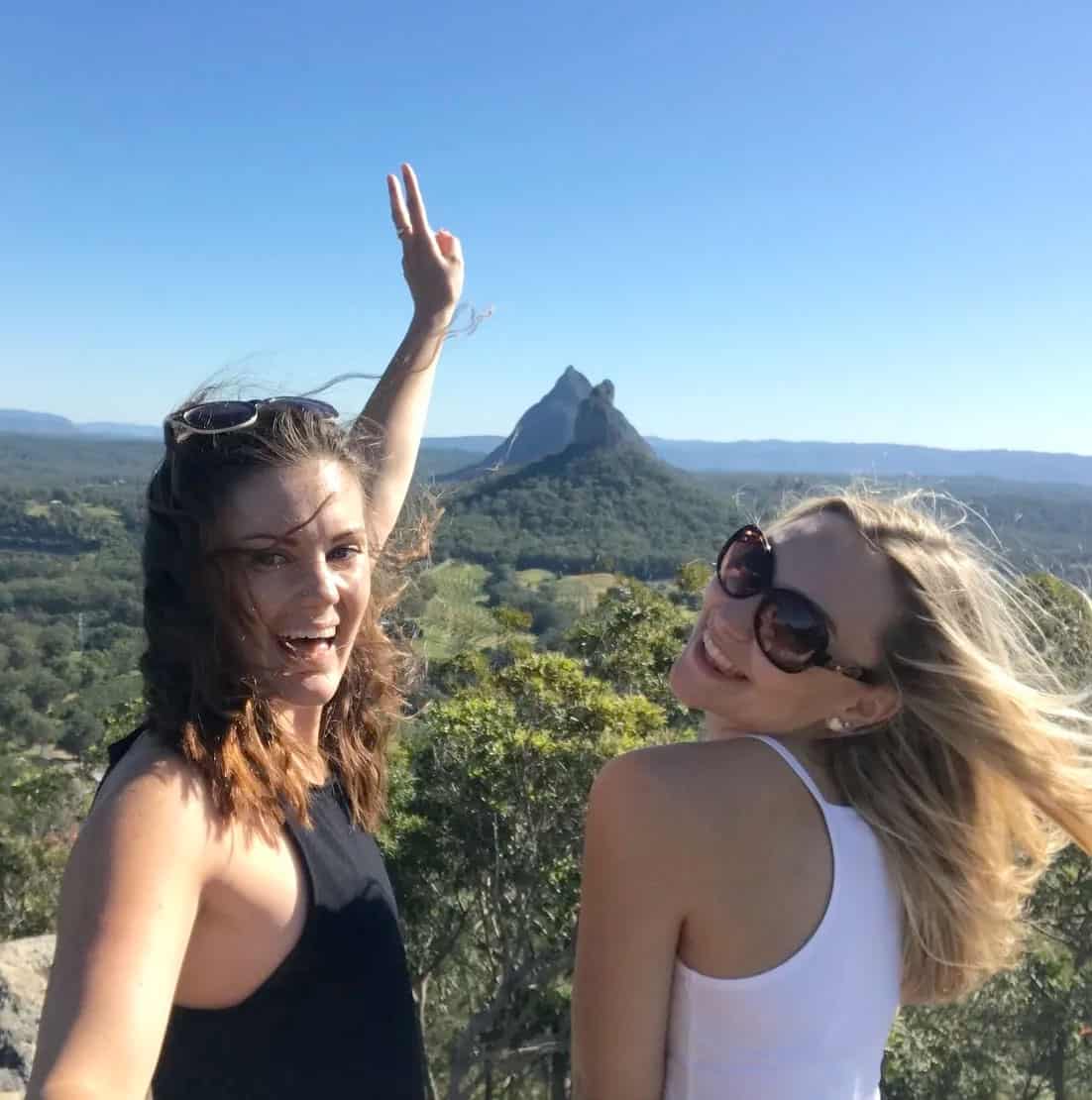 Two young women hiking in Australian mountains.